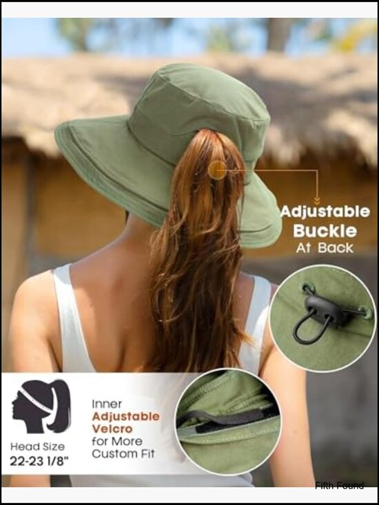 Wide Brim Sun Hat with Ponytail Hole, Foldable, Adjustable, Cotton main image 4